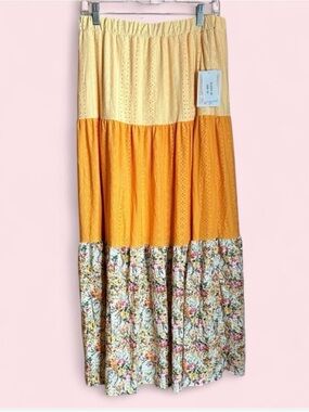 LuLaRoe Poppy Tiered Maxi Skirt in Yellow, Gold and Floral